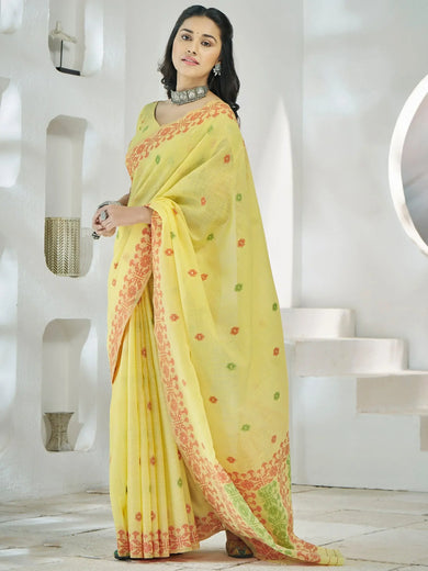 Stunning Yellow Digital Printed Linen Festival Wear Saree With Blouse